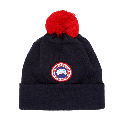 CANADA GOOSE KIDS NAVY POMPOM WOOL BEANIE, BEANIE, RIBBED