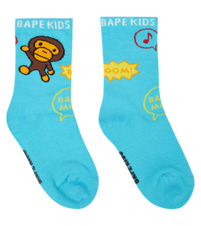 Bape Kids' Printed Cotton-blend Socks In Sax