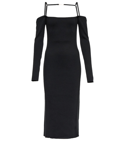 Jacquemus Sierra Cold-shoulder Embellished Ribbed-knit Midi Dress In Nero