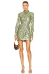 Jonathan Simkhai Halen Moire Fil Coupe Draped Mock Neck Mini Dress In Hunter Green Metallic Moire