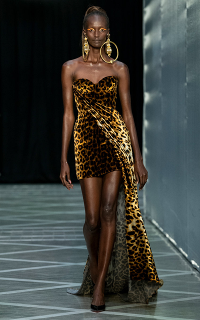 Halpern Leopard Print Bustier Mini Dress With Draped Train In Animal
