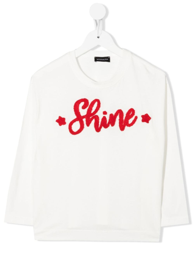 Monnalisa Shine Embroidered Long-sleeve T-shirt In Cream + Ruby Red