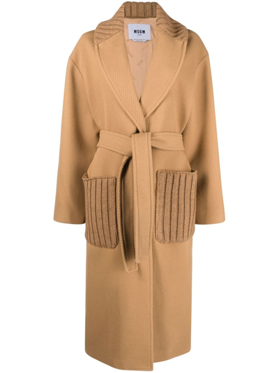 Msgm Single-breasted Belted-waist Coat In Camel