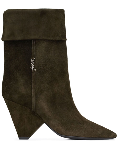 Saint Laurent Liz 85 Luxor Suede Mid-calf Boots In Saddle Brown