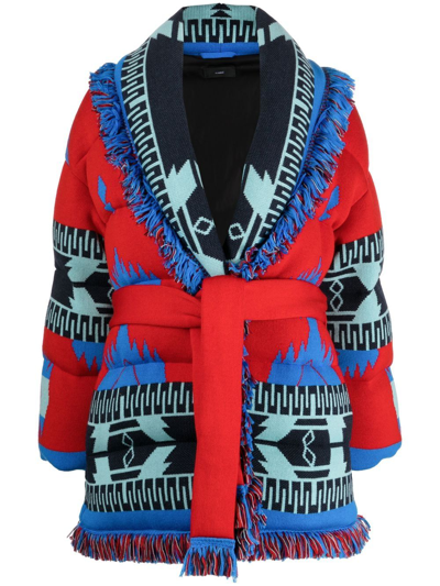 Alanui Icon Belted Fringed Quilted Wool-jacquard Down Jacket In Multicolor