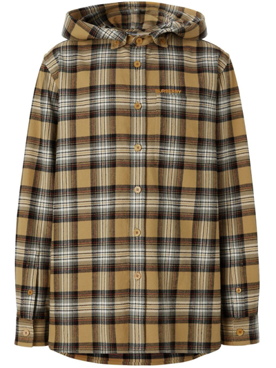 Burberry Hooded Check Cotton Flannel Button-down Shirt In Neutrals