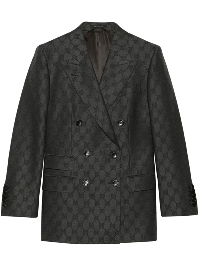 Gucci Monogram-pattern Double-breasted Blazer In Grey