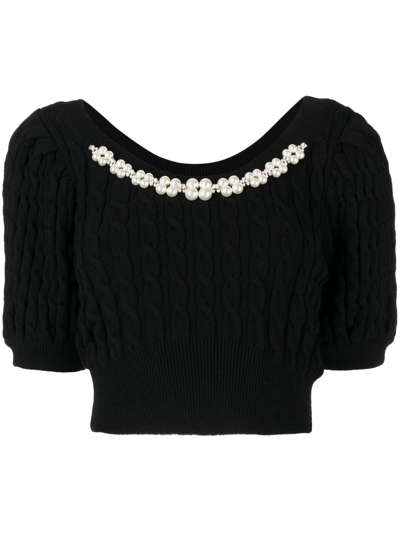 Simone Rocha Imitation Pearl Cable Knit Crop Puff Sleeve Jumper In Black