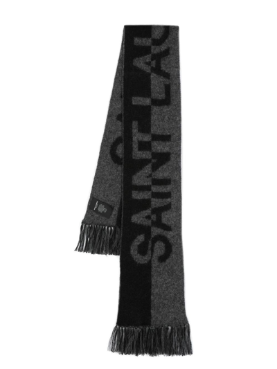 Saint Laurent Wool Blend Logo Scarf With Fringe Trim In Black