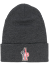 Moncler Logo Patch Ribbed Virgin Wool Beanie In Gray