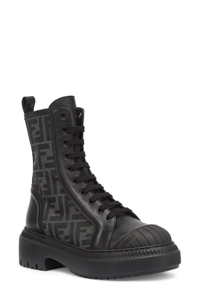 Fendi Domino Ff-jacquard Leather Biker Boots In Black