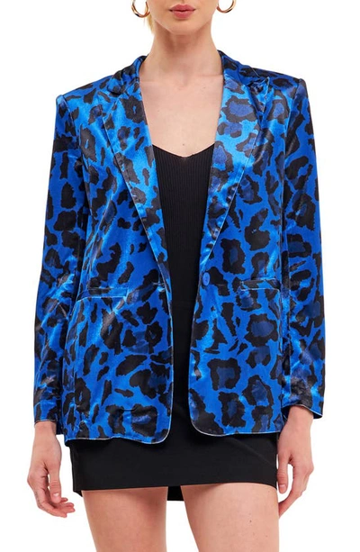 Endless Rose Animal Printed Velvet Blazer In Cobalt Blue