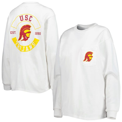 League Collegiate Wear White Usc Trojans Oversized Pocket Long Sleeve T-shirt