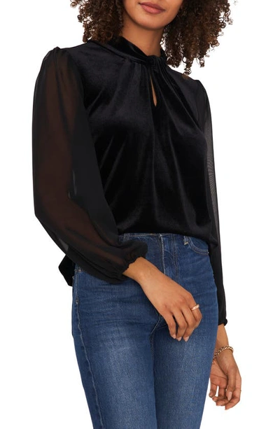 Vince Camuto Keyhole Neck Mixed Media Velvet Top In Rich Black