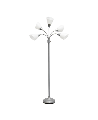 Simple Designs 5 Light Adjustable Gooseneck Floor Lamp With Shades In Silver-tone With White Shades
