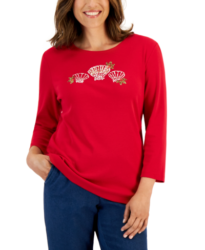 Karen Scott Petite Jolly Shells 3/4-sleeve Top, Created For Macy's In New Red Amore Shells