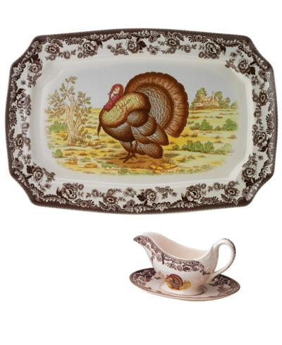 Spode Woodland 3 Piece Turkey Sauce Boat And Platter In Brown