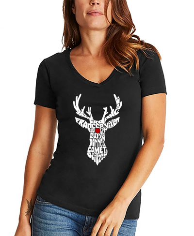 La Pop Art Women's Santa's Reindeer Word Art V-neck T-shirt In Black