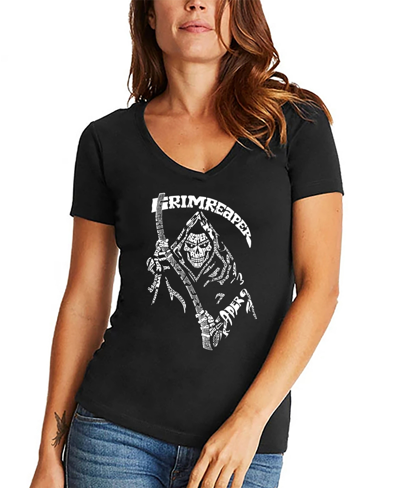 La Pop Art Women's Grim Reaper Word Art V-neck T-shirt In Black