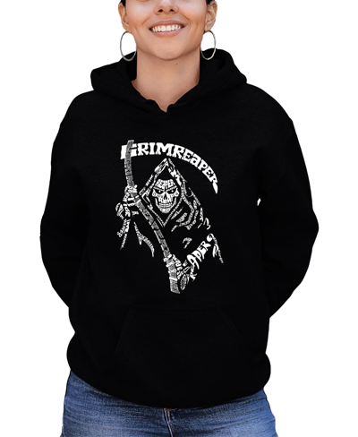 La Pop Art Women's Grim Reaper Word Art Hooded Sweatshirt In Black