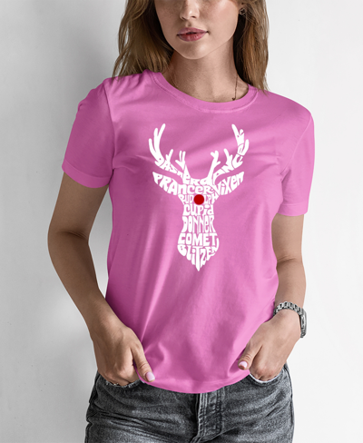La Pop Art Women's Santa's Reindeer Word Art T-shirt In Pink