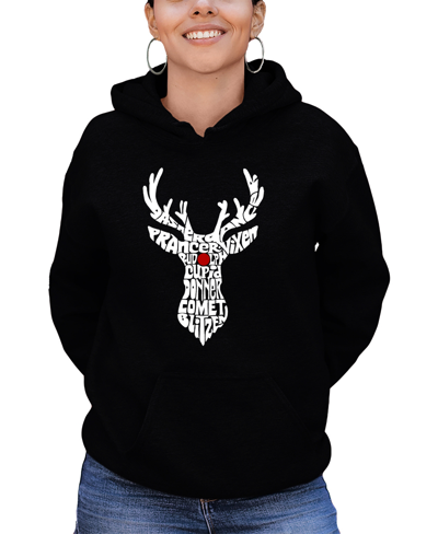 La Pop Art Women's Santa's Reindeer Word Art Hooded Sweatshirt In Black