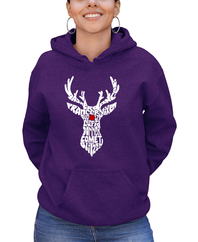 La Pop Art Women's Santa's Reindeer Word Art Hooded Sweatshirt In Purple