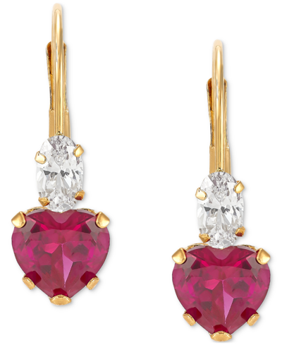 Macy's Lab-grown Pink Sapphire (2 Ct. T.w.) & Cubic Zirconia Heart Drop Earrings In 14k Gold In Ruby
