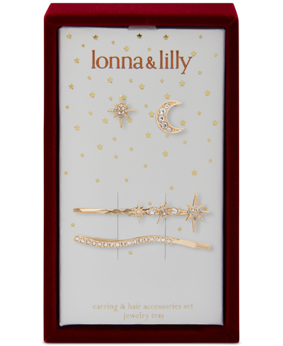 Lonna & Lilly Gold-tone Crystal Star & Moon Mismatch Stud Earrings & 2-pc. Bobby Pin Set In White