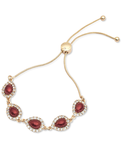 Charter Club Gold-tone Pave & Colored Imitation Pearl Pear-shape Halo Slider Bracelet, Created For Macy's In Red