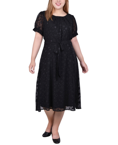 Ny Collection Plus Size Short Sleeve Belted Swiss Dot Dress In Black Multi Circle