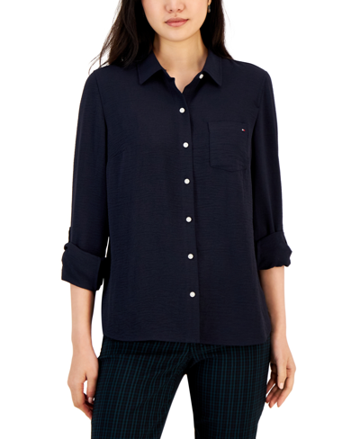 Tommy Hilfiger Women's Cotton Roll-tab Button-up Shirt In Navy