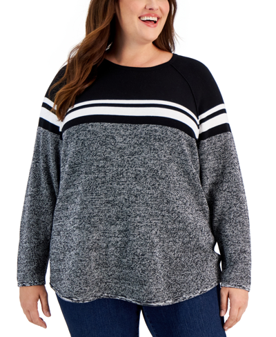 Karen Scott Plus Size Curved Hem Striped-yoke Sweater, Created For Macy's In Deep Black