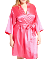 Icollection Plus Size Marina Lux Satin Robe Lingerie In Fuchsia