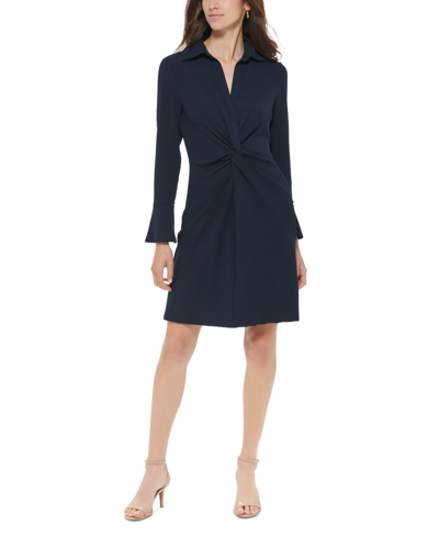 Tommy Hilfiger Women's Ribbed Knit Bell-sleeve Shirtdress In Sky Captain
