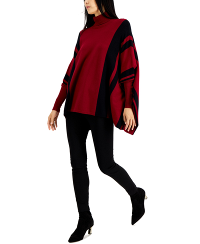 Alfani Striped Turtleneck Poncho Sweater Created For Macy s In Red Burgundy ModeSens