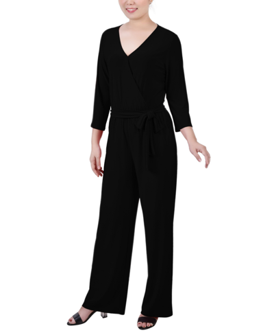 Ny Collection Women's 3/4 Sleeve Belted Jumpsuit In Black