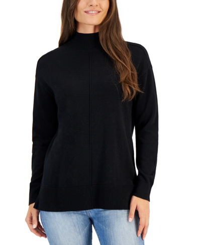 Karen Scott Women's Cotton Seam-front Mock Neck Sweater, Created For Macy's In Deep Black
