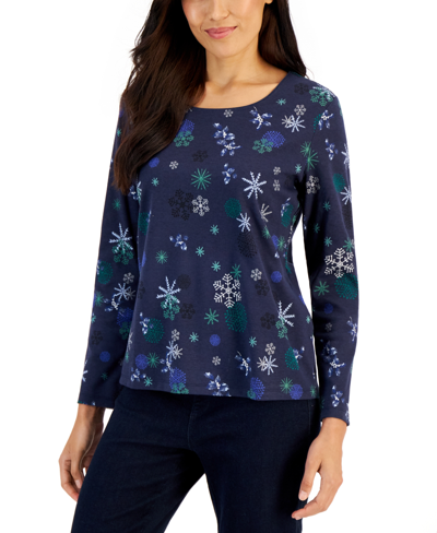 Karen Scott Women's Long-sleeve Winter Magic Top, Created For Macy's In Intrepid Blue