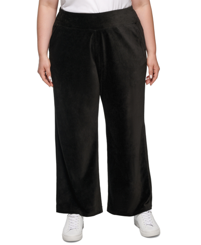 Calvin Klein Performance Plus Size High-rise Wide-leg Velour Pants In Black