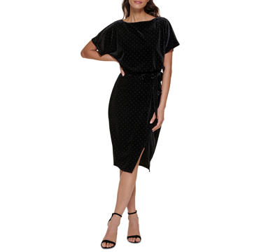 Kensie Women's Studded-velvet Boat-neck Belted Dress In Black