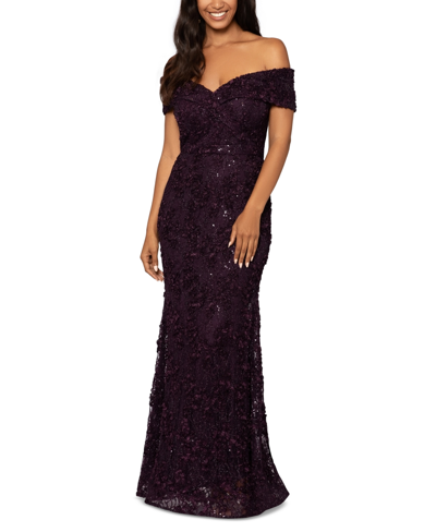 Xscape Off-the-shoulder Lace Gown In Mulberry