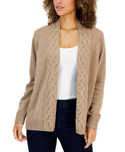 Karen Scott Women's Cotton Cable-collar Cardigan, Created For Macy's In Chestnut Heather