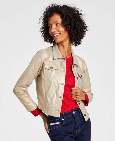 Tommy Hilfiger Cropped Trucker Jacket Cold Shoulder Top Tribeca Raw Cuff Skinny Jean In Gold