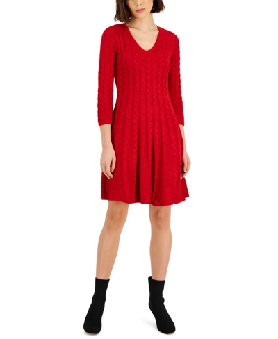 Jessica Howard Plus Size V-neck Cable-knit Sweater Dress In Red