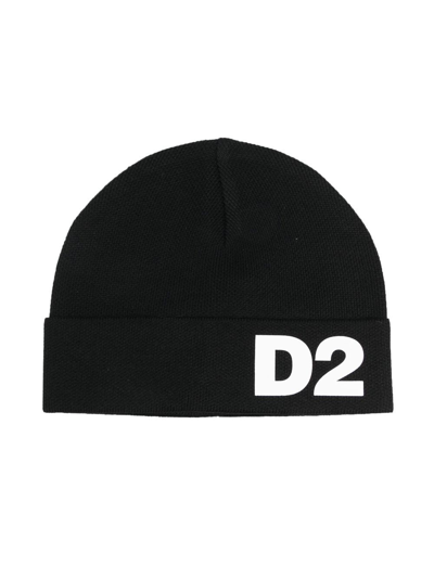 Dsquared2 Babies' Rubberized Logo Wool Blend Beanie Hat In Black