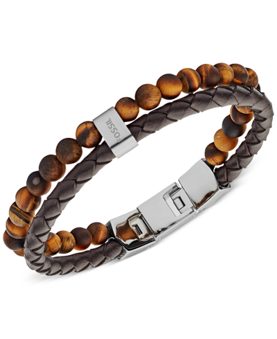 Fossil Men's Tiger's Eye And Brown Leather Bracelet In Silver