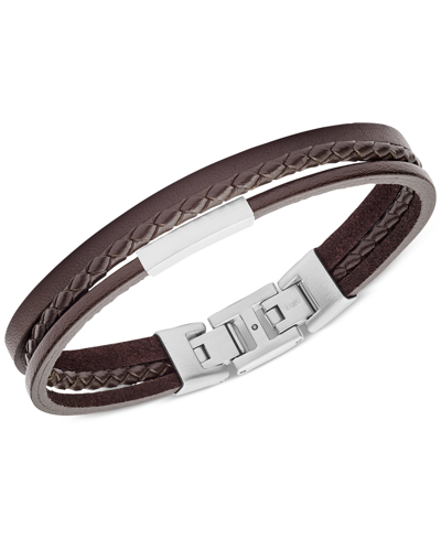 Fossil Men's Multi-strand Silver-tone Steel And Brown Leather Bracelet