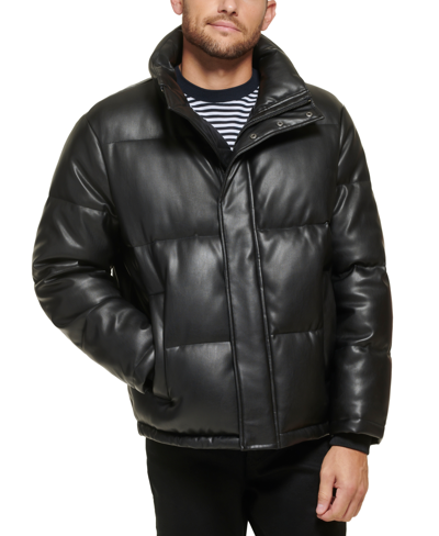 Calvin Klein Men's Mock Neck Faux Leather Puffer Jacket In Black