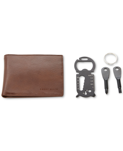 Perry Ellis Portfolio Men's Brown Bifold Wallet With Three Keychain Tools